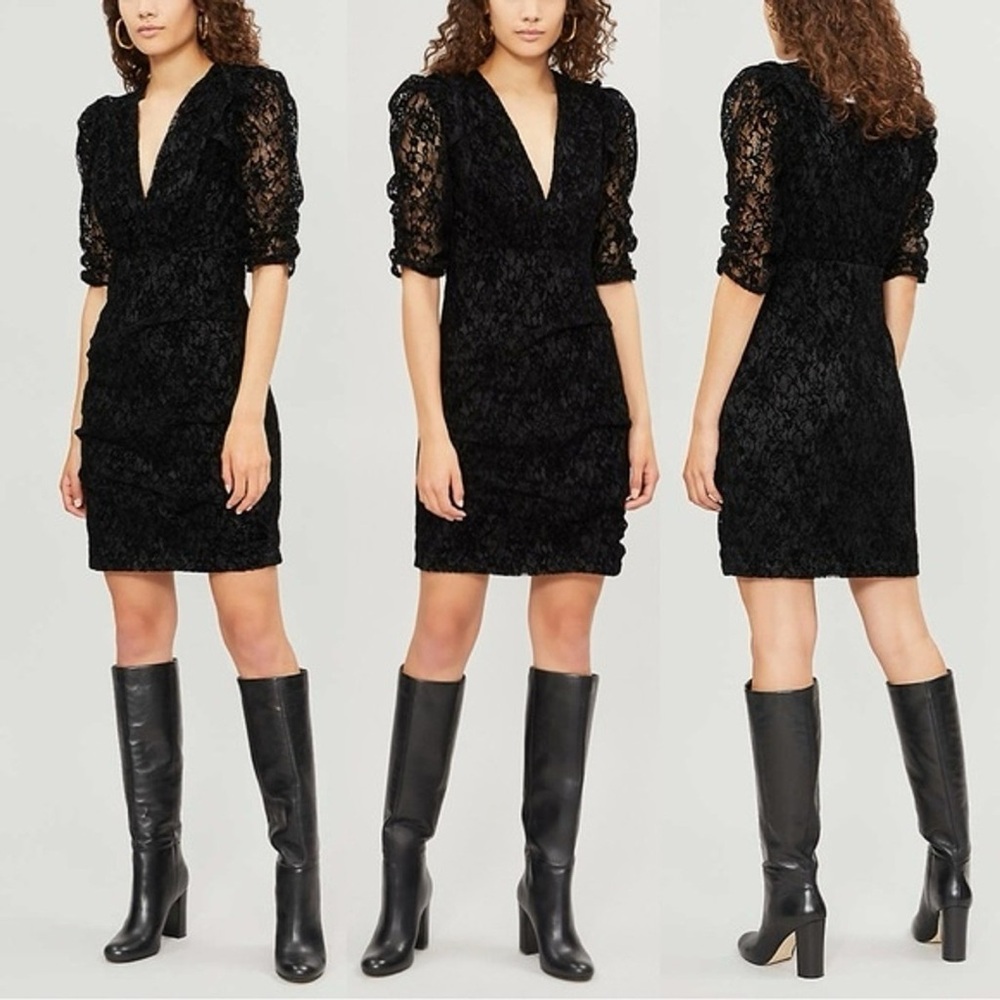 Maje Rimael Lace Floral Velvet Flocked Ruched Cocktail Mini Dress Black